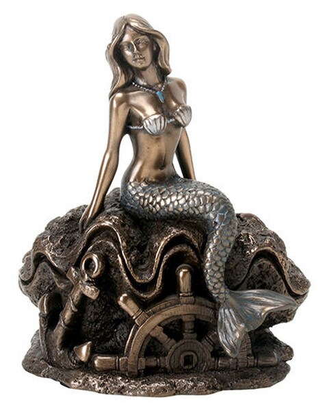 Mermaid on Shell Sculpture bronze with colored highlights